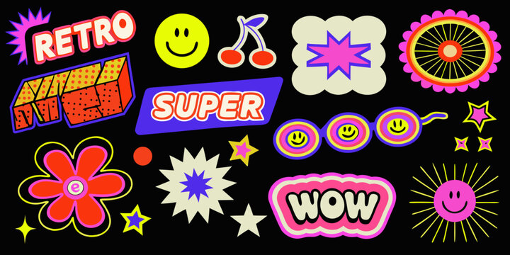 Retro pop art style sticker collection with flowers dice and smiling faces vector illustration 1960s