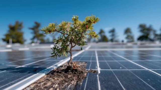 A lone sapling sprouts defiantly through the grid of a solar panel. ..Created with Generative AI, not depicting real subjects.