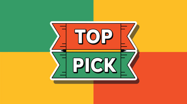 Ribbon banners feature bold text emphasizing a top pick selection against a vibrant segmented background.