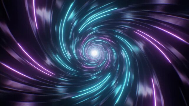 Vibrant swirling neon light tunnel with purple and blue streaks, futuristic abstract background with copy space, dynamic motion blur, high-tech wallpaper