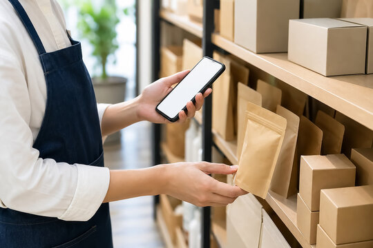 スマートフォンで在庫を確認する店員