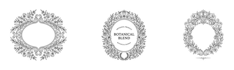 Obraz premium Ornamental botanical blend frame collection featuring oval floral borders and luxury decorative wreaths in intricate monochrome engraving style.