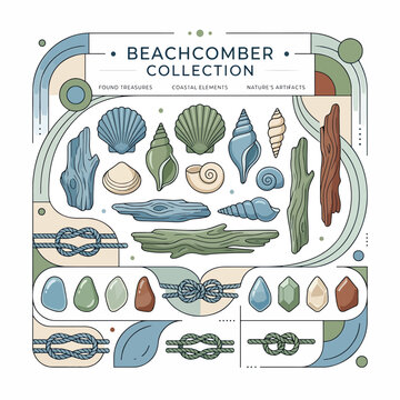 Beachcomber collection of seashells and driftwood.