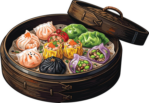 Traditional Chinese dim sum assortment in bamboo steamer vector illustrationTraditional Chinese dim sum assortment in bamboo steamer vector illustration