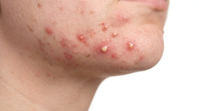 Hormonal Acne on Jawline and Chin Close Up with Papules and Pustules