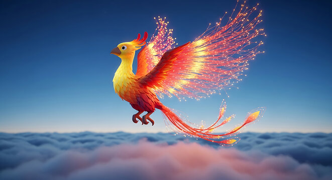 Majestic Phoenix with Fiery Wings Flying Above Clouds at Sunrise Fantasy Scene.