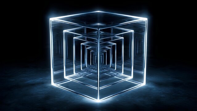 A mesmerizing digital art piece featuring a series of nested, glowing blue cubes receding into darkness, creating a sense of infinite depth and futuristic design.