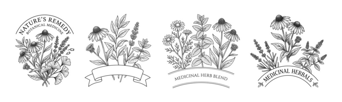 Nature remedy medicinal herbs engraving collection with echinacea flowers and botanical banners in detailed vintage monochrome style.