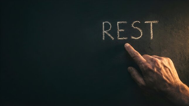 Human finger pointing to the word rest written with white chalk on a dark blackboard for relaxation