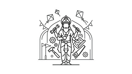 Naklejka premium Vishwakarma Puja Celebration Line Art Illustration