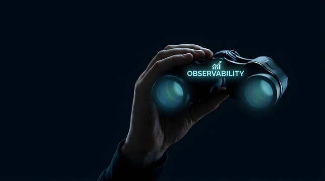 Business observability concept with hand holding binoculars and glowing digital data analytics chart
