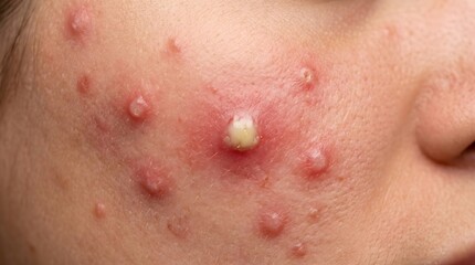 Fototapeta premium Pustule Acne with White Pus Center Close Up on Inflamed Cheek Skin