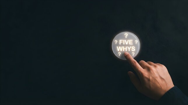 Business professional touching five whys glowing button for root cause analysis