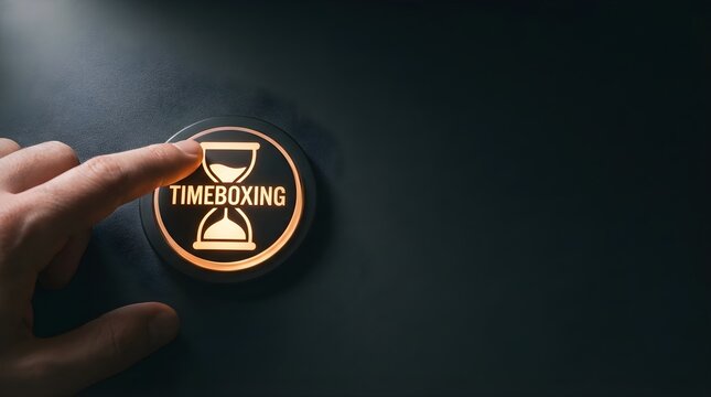 A hand pressing a glowing timeboxing button on a dark background to symbolize productivity