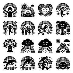 Naklejka premium Happy nature icons with rainbows and smiling faces