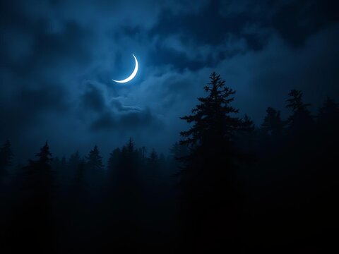Midnight sky with crescent moon, dark forest, and misty atmosphere; a vampire's lair in the making, wallpaper, night