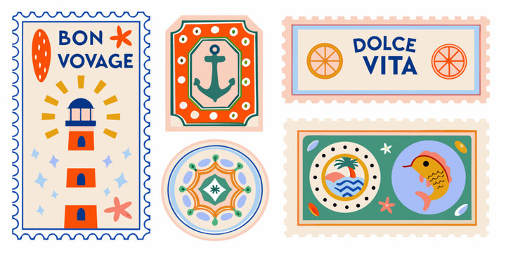Collection of retro style travel postcard illustrations with nautical and scenic elements illustration vector vintage
