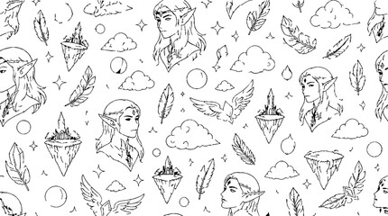 Fototapeta premium Intricate line art of fantasy elements and symbols.