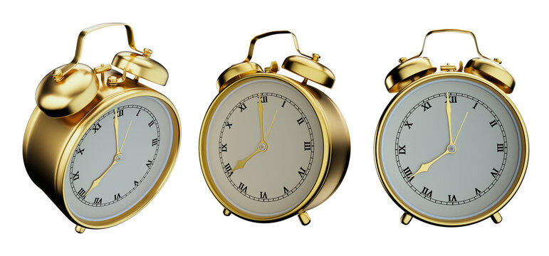 Set of three golden alarm clocks showing different times on white background