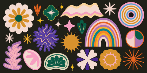 Fototapeta premium Floral and abstract shape vector illustration with rainbow sun and swirling organic forms ornament flower