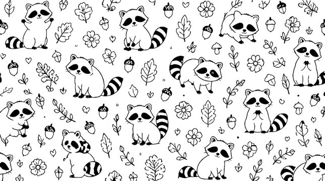 Playful raccoons and forest elements illustration.