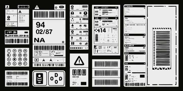 Collection of monochromatic technical shipping labels and barcodes on a black background barcode label diagram