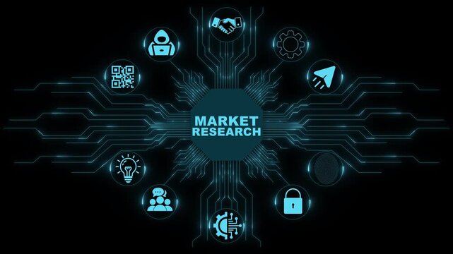 Market Research Technology Interface with Digital Analytics Intelligence and Smart Business Systems 4K black background visuals