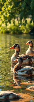 Waterside whimsy with quacking friends enjoying a leisurely afternoon, greenery, calm