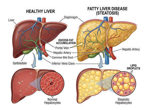 Healthy vs fatty liver disease comparison illustration isolated on white background