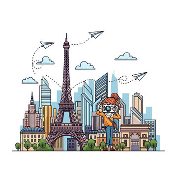 Vector illustration of a female photographer capturing the Paris city skyline including the Eiffel Tower, Arc de Triomphe, skyscrapers, paper planes, and clouds on a white background.