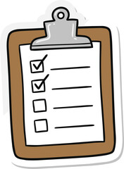 Obraz premium Illustrated cartoon sticker of a clipboard with a checklist and checkmarks.