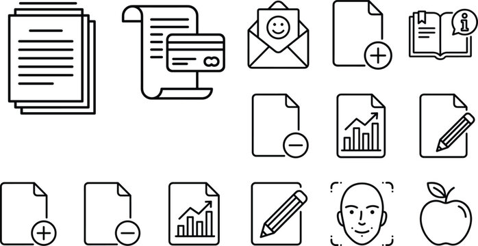 Document management corporate accounting and digital report thin line icon set with credit card billing invoice facial recognition