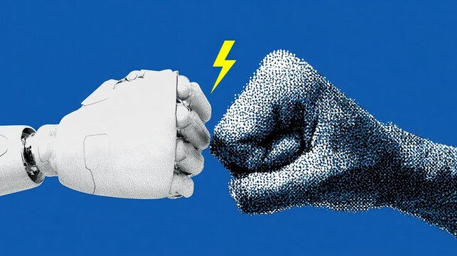 Minimalist flat illustration of human hand and robotic hand fist bump, centered artwork on solid blue background, white jointed robot hand, gradient black and white halftone human fist, yellow lightni