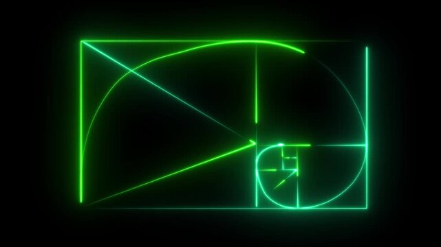 glowing neon Golden Ratio Fibonacci sequence golden number icon . neon Fibonacci spiral golden ratio icon on black background