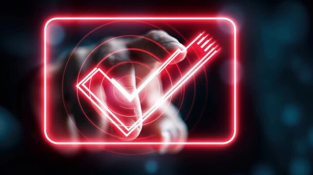A hand touches a glowing red checkmark interface, symbolizing confirmation, verification, or a completed task. ..Created with Generative AI, not depicting real subjects.
