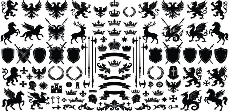 Vintage black silhouette heraldic vector element set featuring royal crowns shields swords double headed eagles lions dragons griffins and classic coats of arms isolated on white background