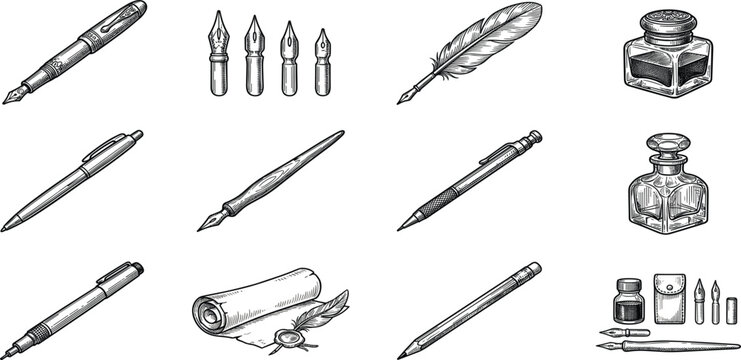 Vintage hand drawn calligraphy and writing tool vector set featuring antique feather quill fountain pens inkwells paper scroll metal nibs and classic stationery isolated on white background
