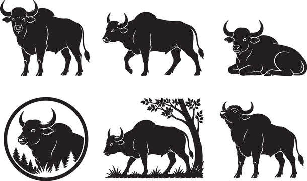 Gaur Silhouette Icon Set Collection Black Vector Wild Cattle Wildlife Symbols