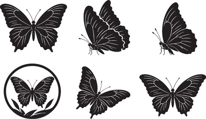 Blue Morpho Butterfly Silhouette Icon Set Collection Black Vector Insect Wildlife Symbols © chien