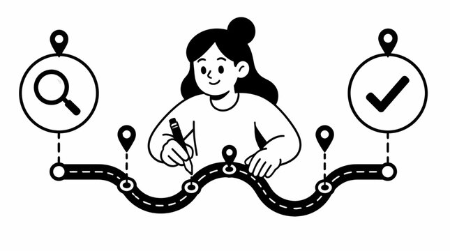 Woman analyzing data on a winding road path illustration.