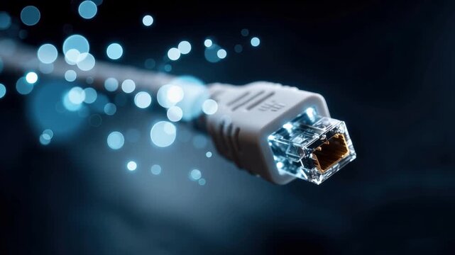 Close-up of a modern network cable connector with glowing blue light trails, symbolizing data transfer and high-speed connectivity. ..Created with Generative AI, not depicting real subjects.