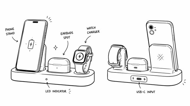 Wireless charging station with multiple devices and accessories.