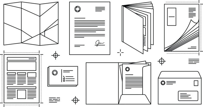 Corporate identity corporate branding print media thin line icon set with document folder envelope book map brochure layout