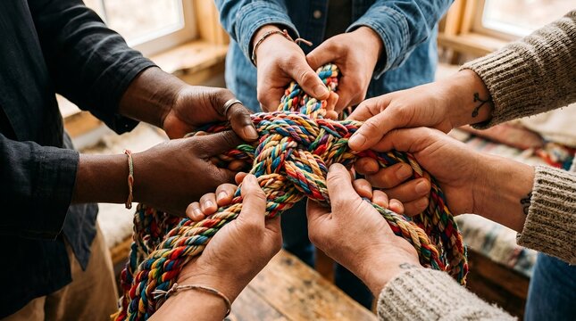 Diverse hands uniting, weaving colorful rope into a knot, symbolizing teamwork and connection