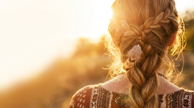 Close up back of a woman with a french braid and a feather in golden backlight, faceless bohemian hairstyle with soft hazy background and wide left copy space