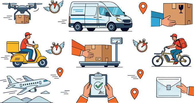 Fast delivery service vector illustration set with courier van drone scooter airplane cardboard boxes scale pin map icons isolated on background