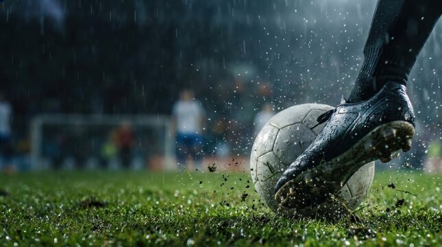 High speed close up of unbranded soccer cleat kicking ball on wet grass with dramatic water splash on right, dark moody blurred background copy space, extreme sports action concept.