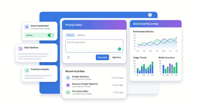A modern digital dashboard displaying a prompt editor, data pipelines, smart automation, predictive insights, and statistical reporting with performance metrics and usage trends.