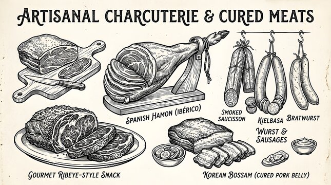 Hand Drawn Cured Meat Slices Gourmet Snack Retro Illustration