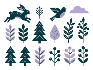 Obraz premium Scandinavian Folk Art Illustration Set with Forest Animals, Trees, and Botanical Elements